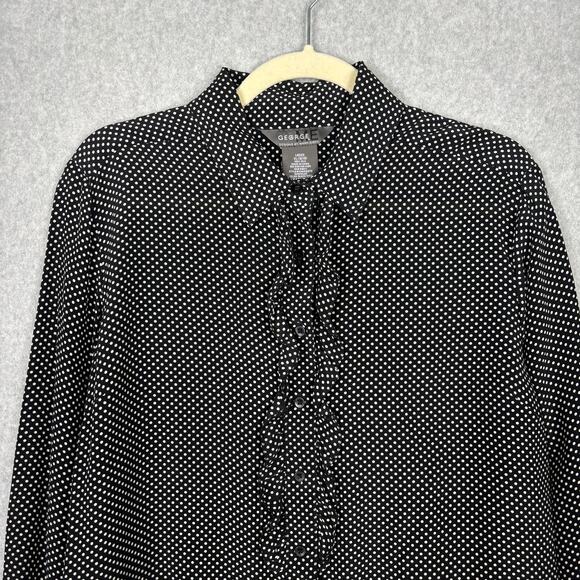 George ME Shirt Women XL Black Silk Dolka Dot Blouse Ruffle Button Career Church - Picture 2 of 12